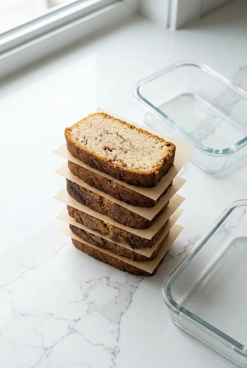 Even slices of low-carb cinnamon bread stacked with parchment paper squares next to a glass container.
