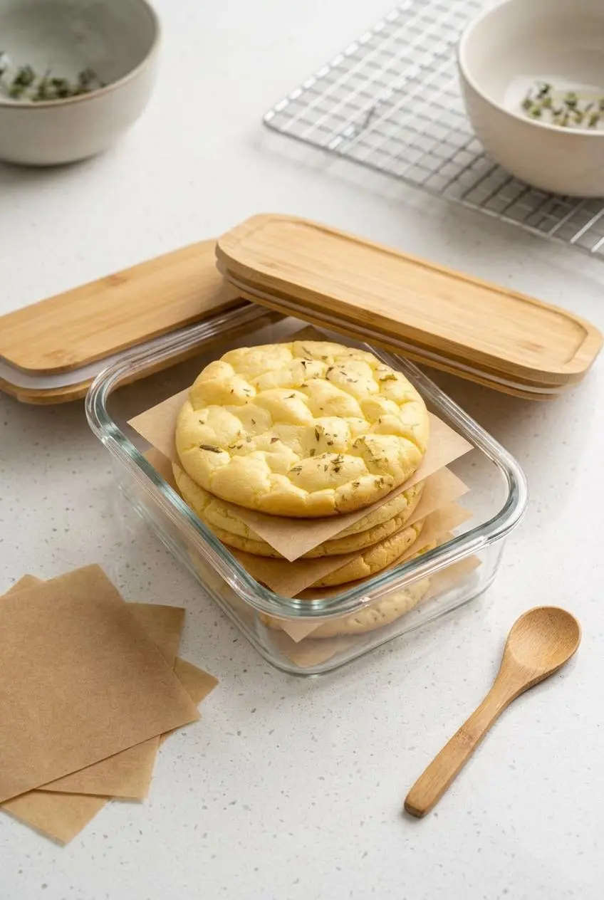 Glass storage container holding stacked cloud bread rounds separated by parchment paper.