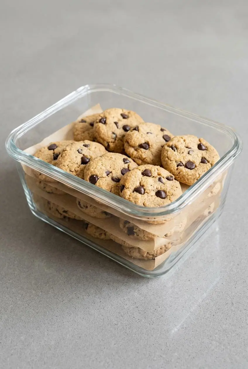 Keto peanut butter chocolate chip cookies arranged between parchment paper inside an airtight glass container.