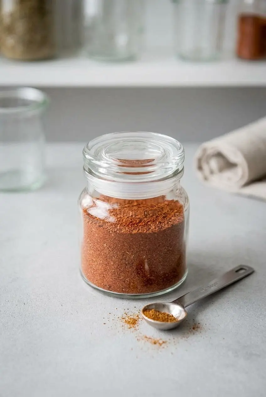 A sealed glass jar of red taco seasoning next to a measuring spoon dusted with spices on a gray concrete counter.