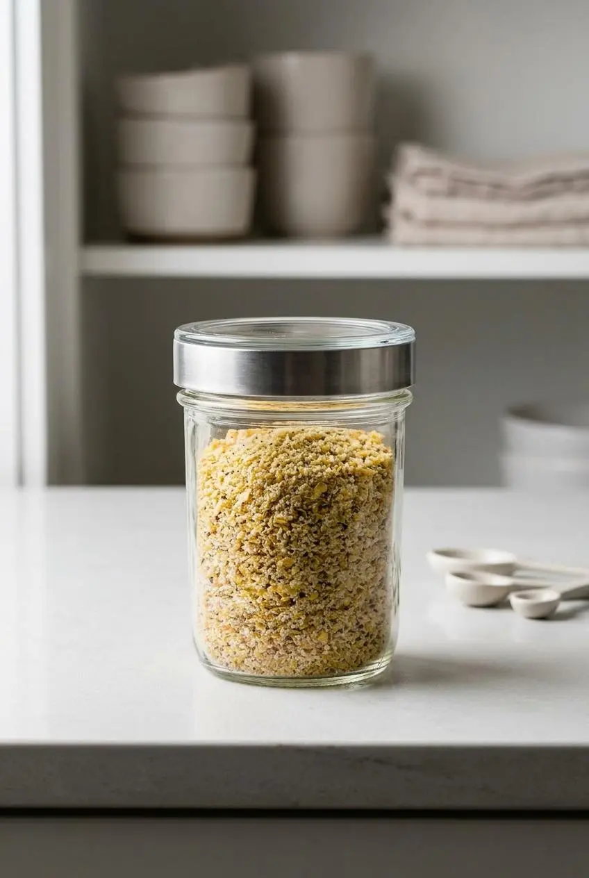 Airtight sealed glass jar storing dry keto bread crumbs on a cool kitchen countertop.