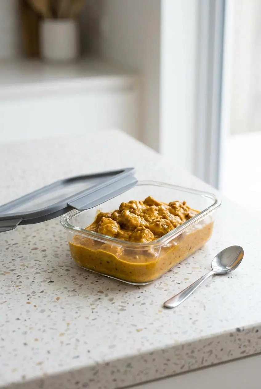 Leftover keto butter chicken neatly portioned inside a clear glass rectangular airtight food storage container.