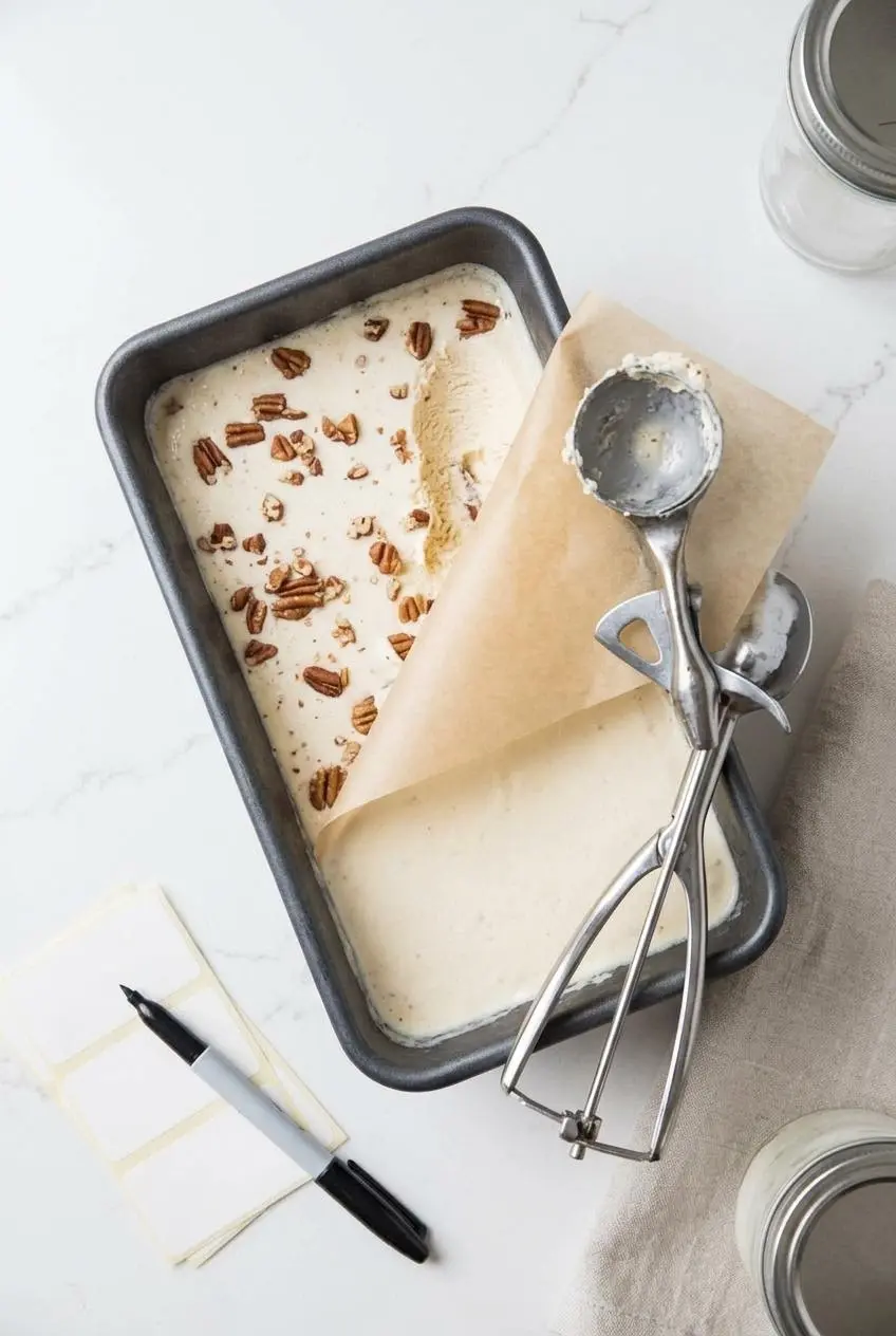 Loaf pan filled with churned butter pecan ice cream covered with protective parchment paper on a counter.