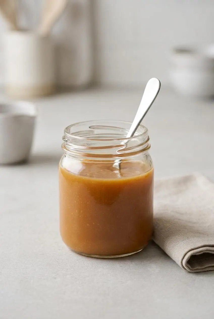 Thick, golden keto caramel sauce stored in a clear glass jar on a light gray countertop with a spoon resting inside.