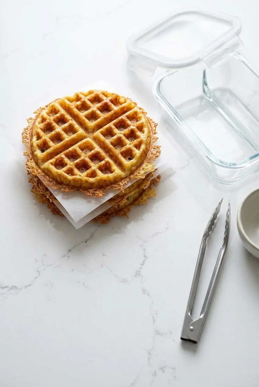 Two cooled keto chaffles stacked with parchment paper next to a glass meal prep container.