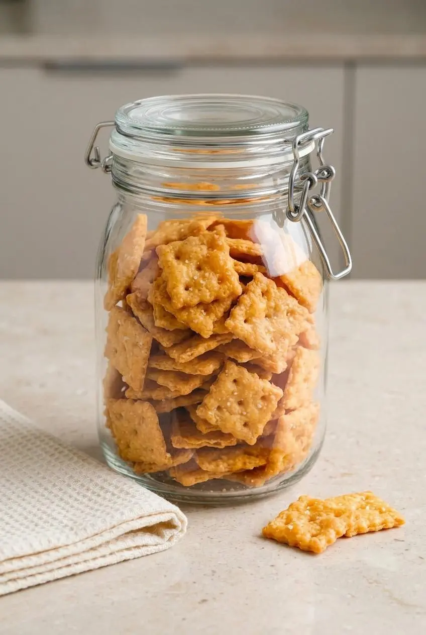 An airtight glass storage jar filled with golden keto cheese crackers on a stone kitchen countertop.