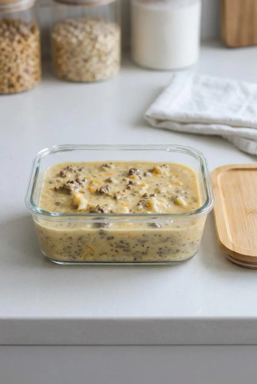 Keto cheeseburger soup stored in an airtight glass meal prep container with a wooden lid.