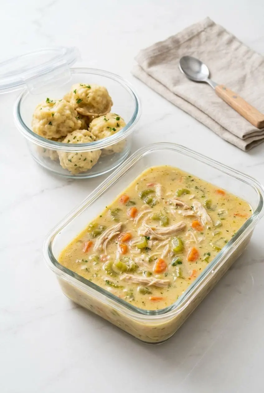Leftover chicken soup and grain free dumplings stored in separate glass airtight containers.