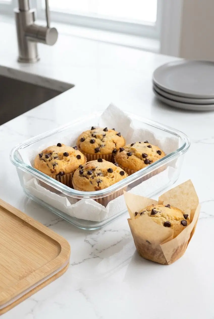 Batch of keto chocolate chip muffins stored in a paper towel lined glass container and wrapped in parchment.