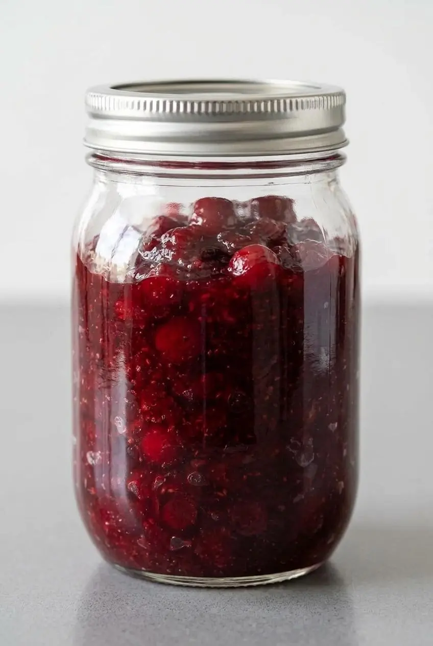 Cooked ruby-red cranberry sauce stored inside a clear glass jar on a bright kitchen counter.