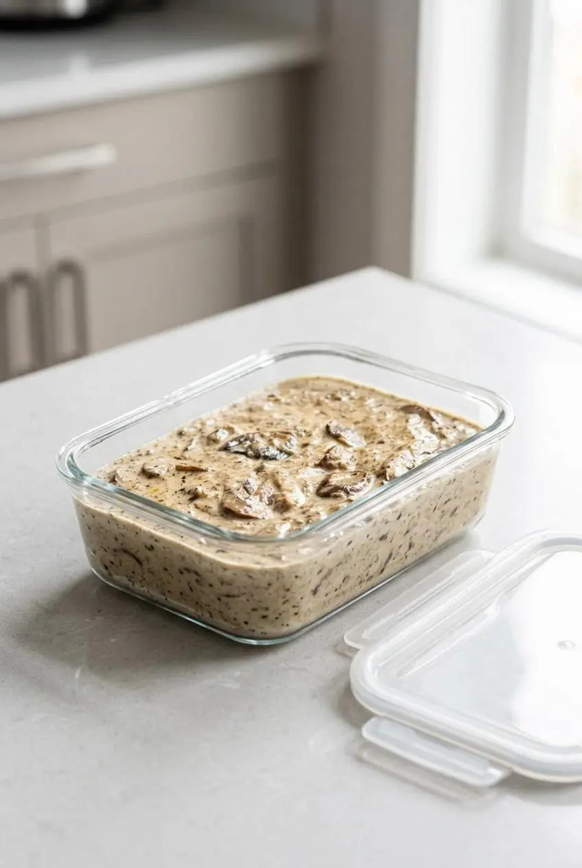 Cooled keto cream of mushroom soup stored in a clear glass airtight meal prep container on a clean stone countertop.