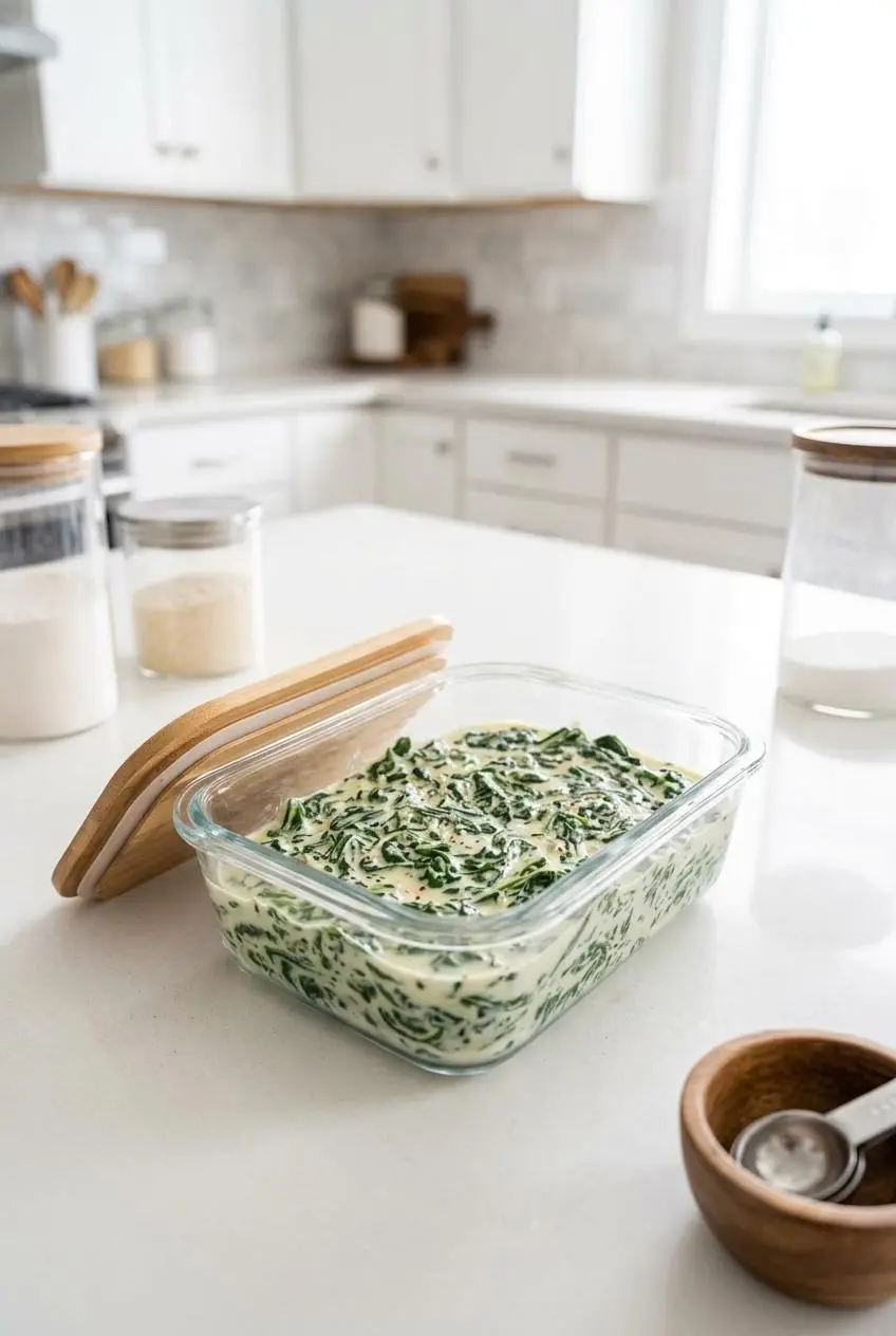 Keto creamed spinach cooled and stored inside a glass meal prep container with a wooden lid on a light countertop.