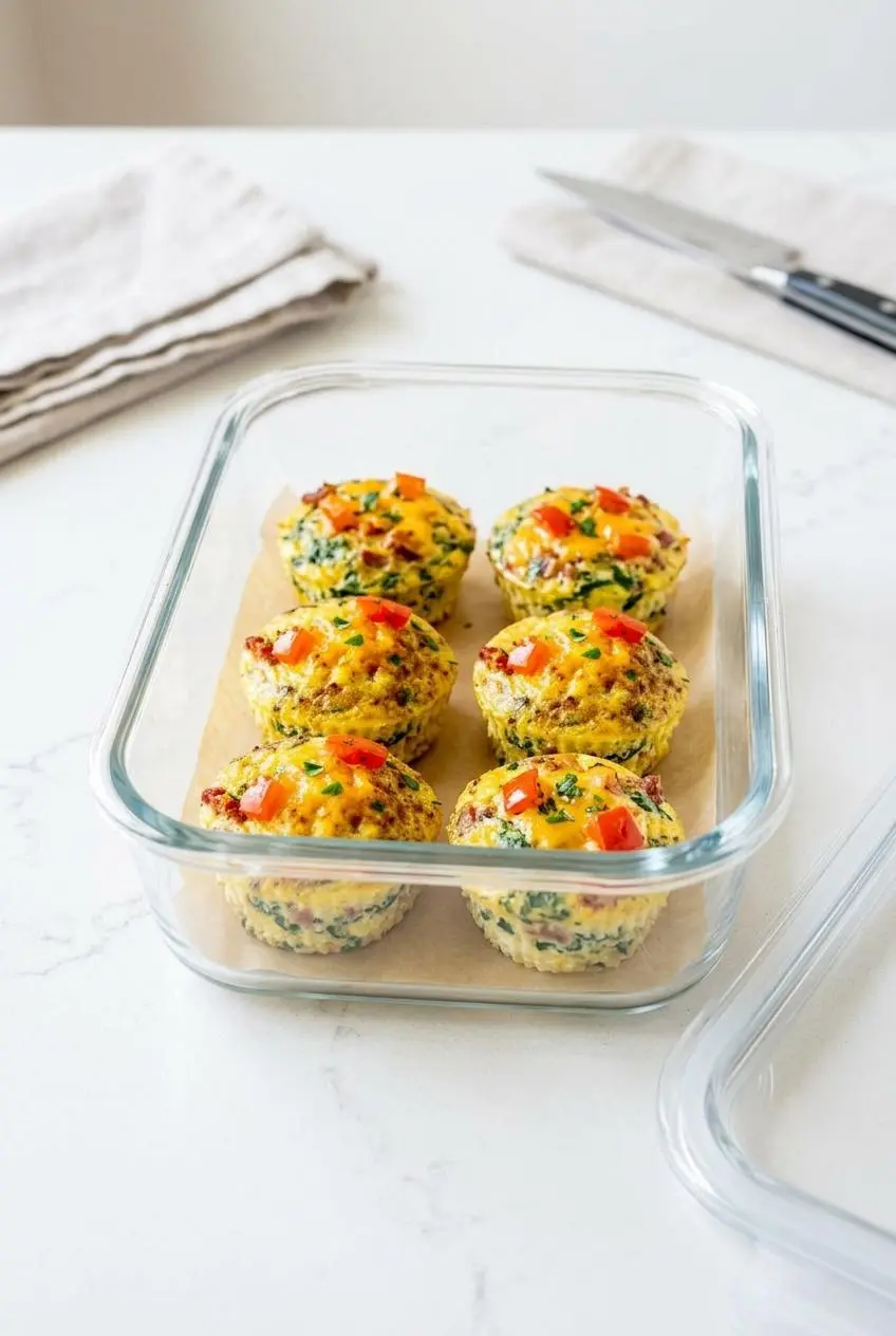 Six cooked keto egg bites stored in a single layer on parchment paper inside a clear glass meal prep container.