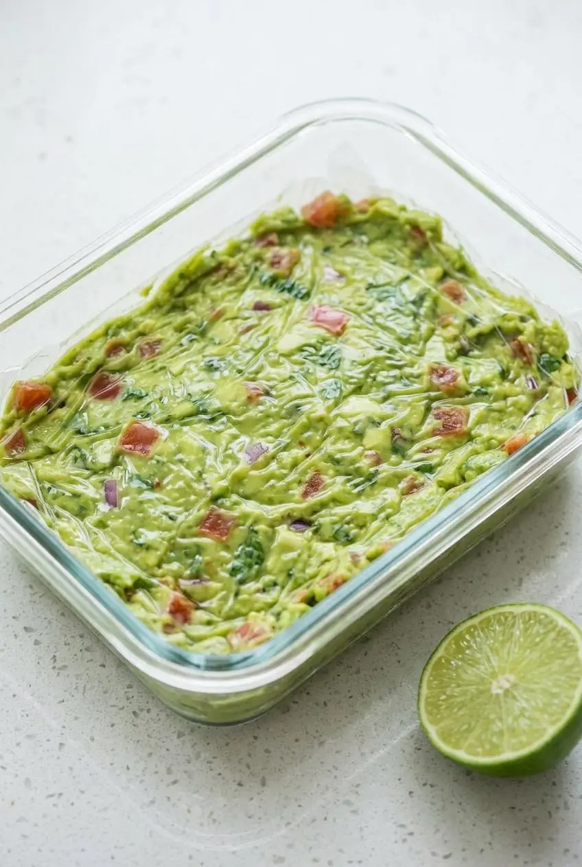 Guacamole in a glass container with plastic wrap pressed flush against the surface to block air exposure.