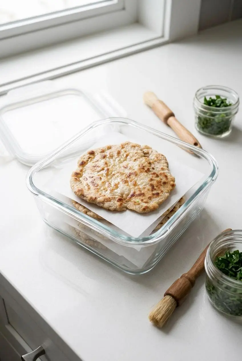 A stack of cooked keto flatbreads separated by parchment paper inside a glass storage container.