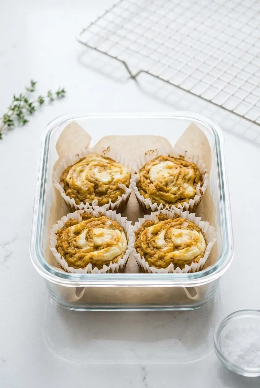 Chilled keto pumpkin muffins arranged inside a parchment-lined glass storage container for meal prep.