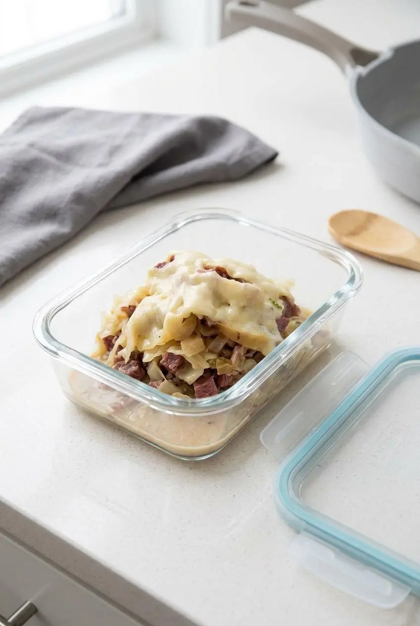 Portion of keto reuben casserole packed neatly into a glass meal-prep container with an airtight lid beside it.