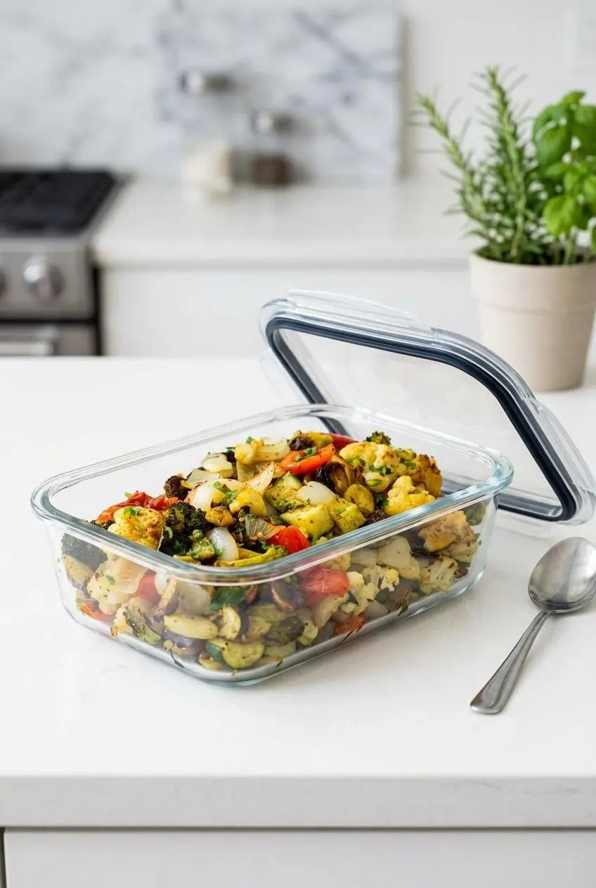 Meal prep glass container filled with cooled roasted vegetables on a white quartz kitchen countertop.