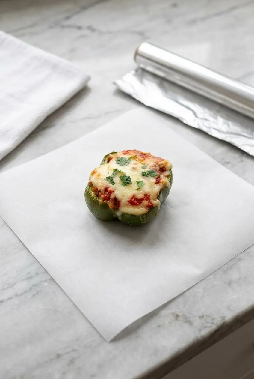 A cooled keto stuffed pepper resting on white parchment paper on a gray marble counter for meal prep storage.