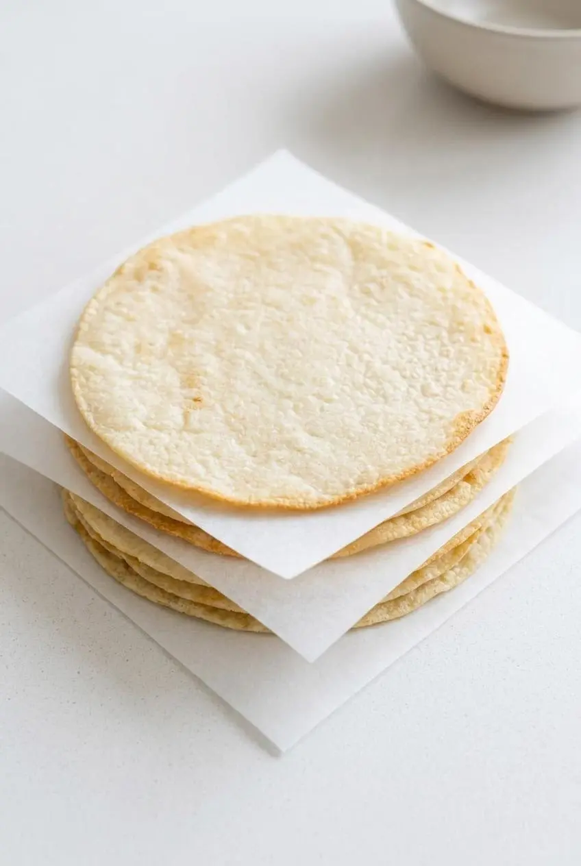 A neat stack of four cooled keto tortillas separated by square sheets of white parchment paper on a countertop.