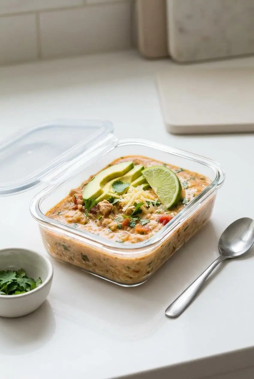 Keto white chicken chili portioned into a glass meal prep container with an airtight lid on the side.