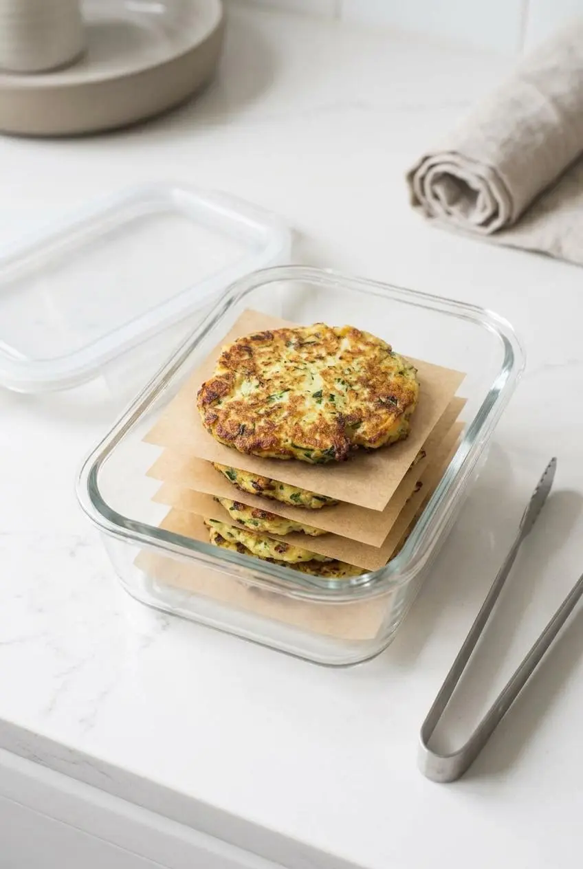 Cooked low-carb fritters stacked with parchment paper dividers in a glass food storage container.