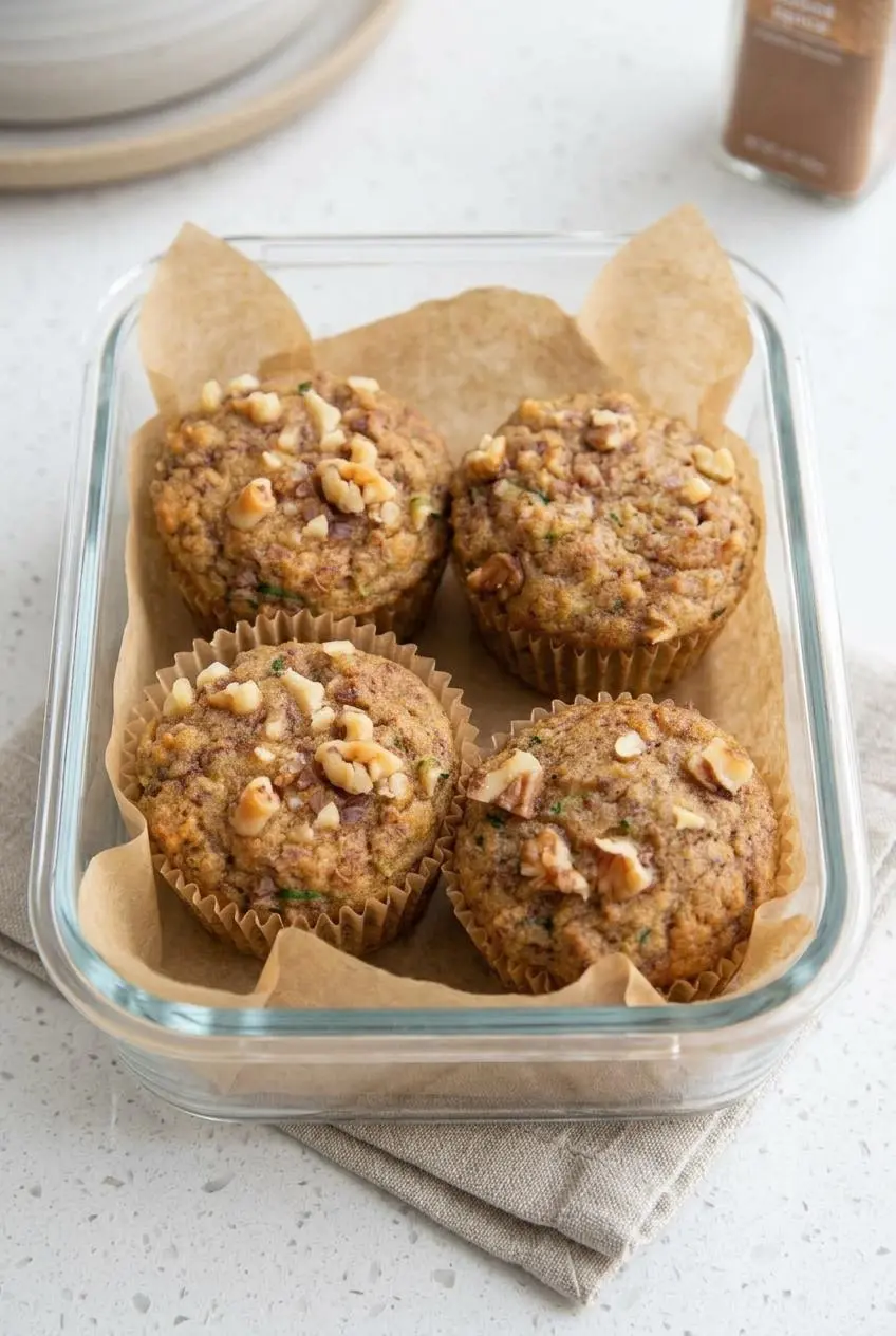 Four cooled keto zucchini muffins arranged in a parchment-lined glass storage container for meal prep.