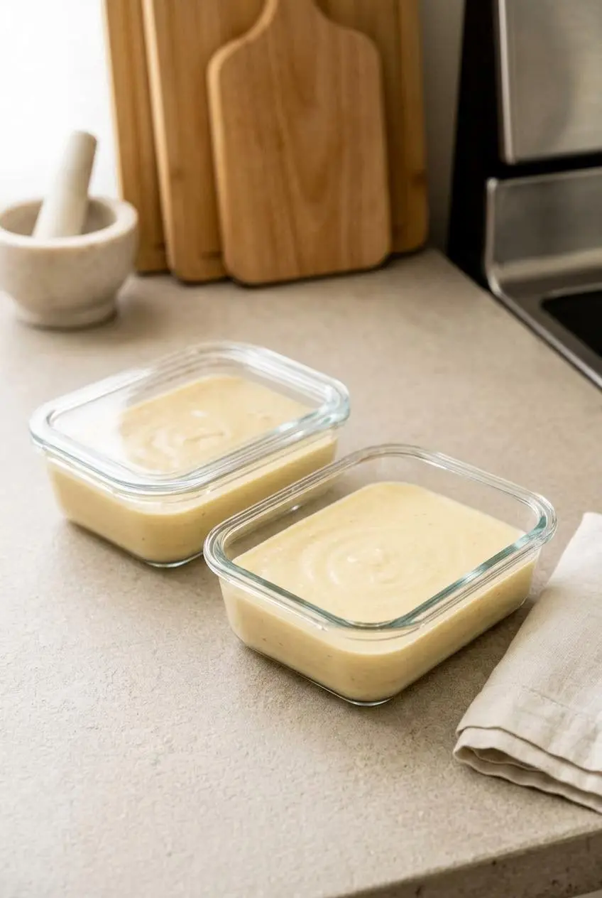 Smooth cauliflower soup portioned into clear glass meal prep storage containers on a kitchen counter.