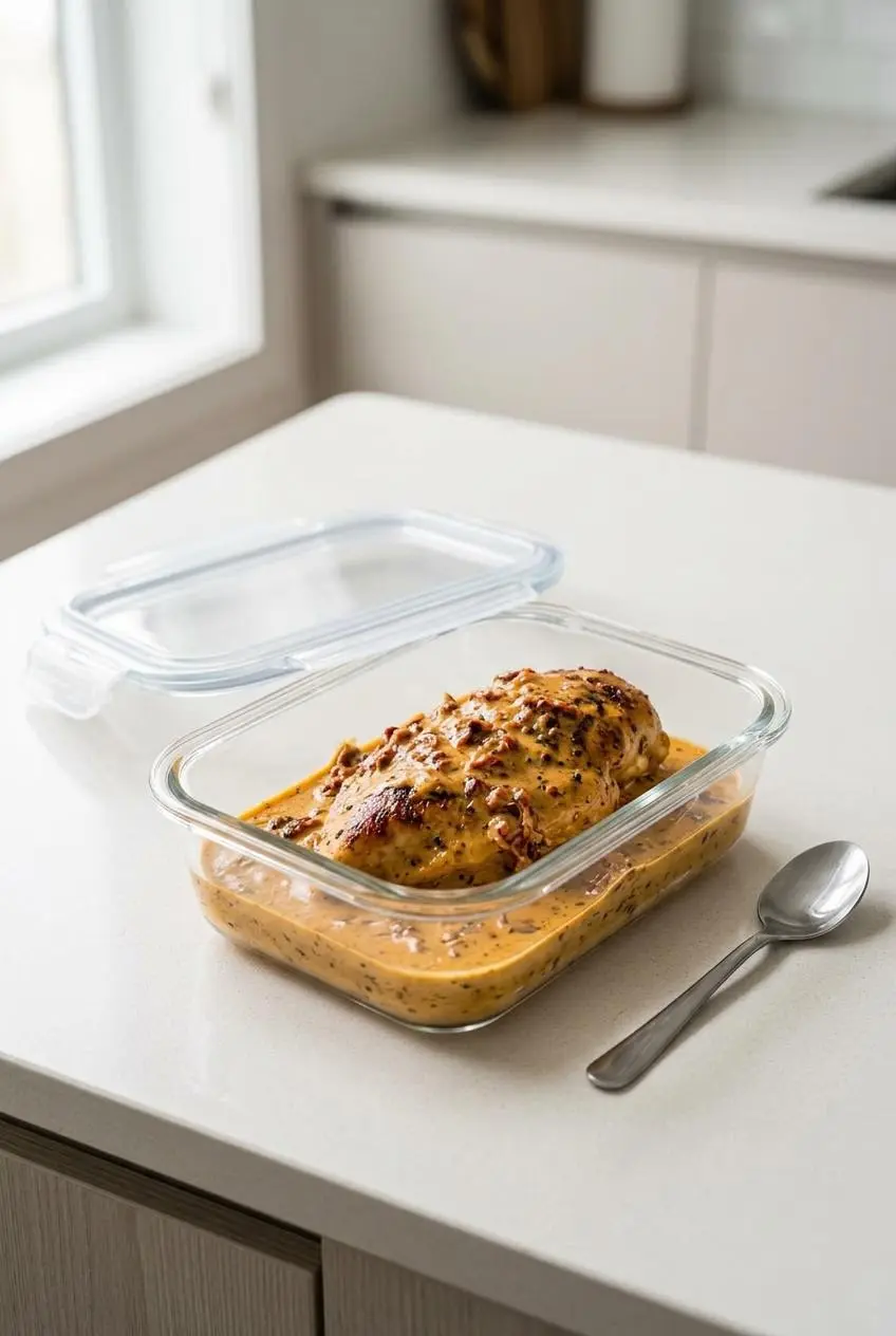 Creamy chicken breast with sun-dried tomato sauce in a clear glass airtight meal-prep container.