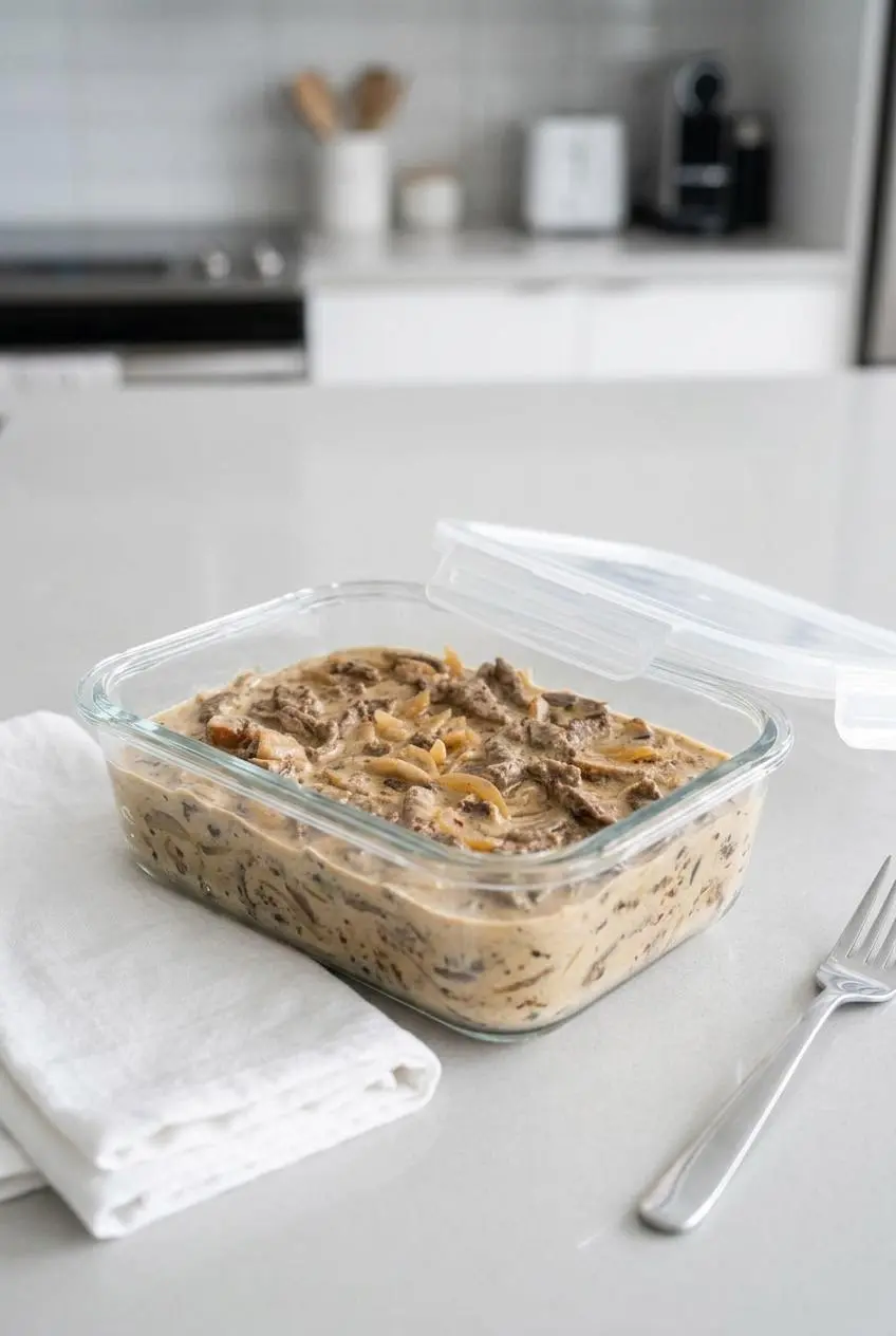 Cooked beef stroganoff stored in a clear glass meal prep container with its lid resting open on a light gray counter.