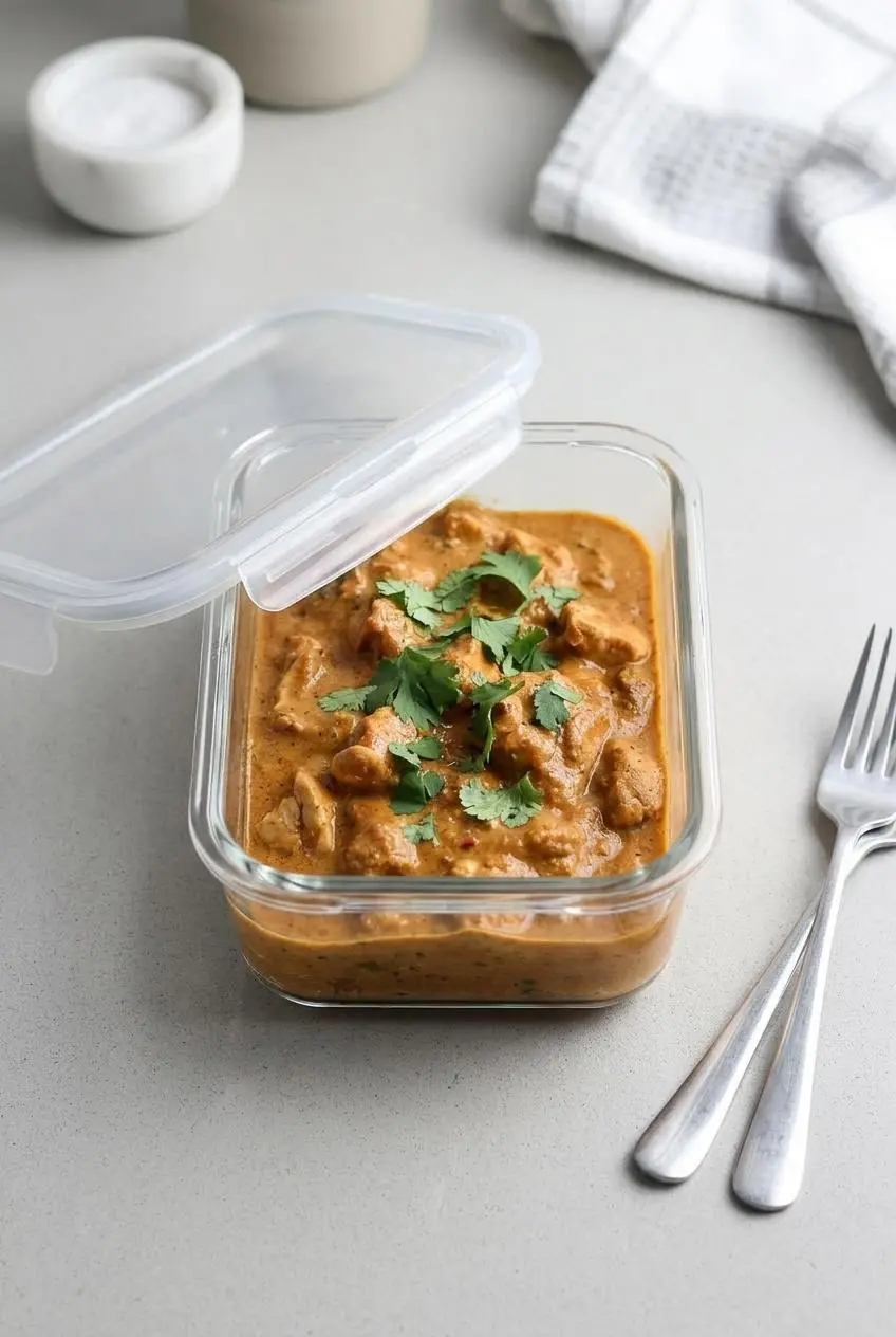 Cooked keto chicken tikka masala portioned inside a glass meal prep container with the lid slightly open.
