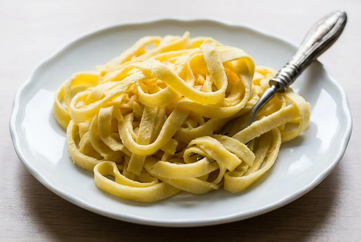 Tender, pliable keto egg noodles recipe ribbons served in a gray ceramic bowl.