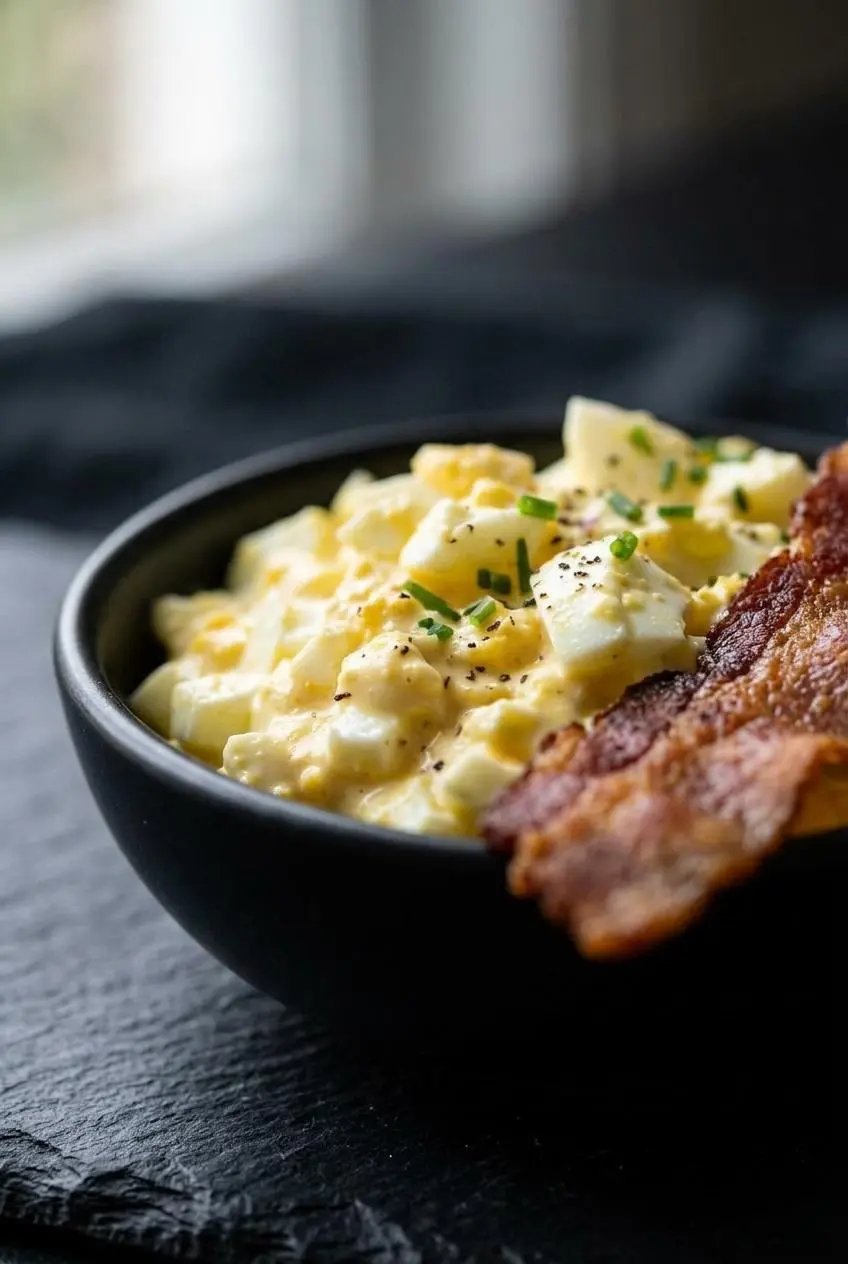 Close-up of thick, cohesive keto egg salad showing rustic chopped egg whites bound in a rich, creamy yolk dressing.