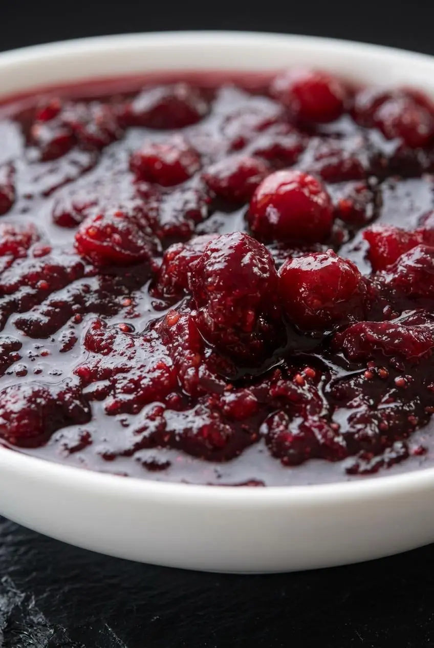 Extreme close-up of thick, deep ruby-red cranberry sauce showing burst berries and rich pectin glaze.