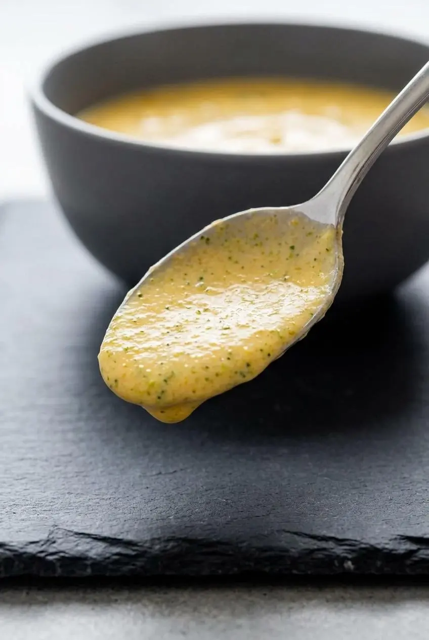 Creamy yellow-orange keto broccoli cheddar soup coating the back of a silver spoon over a slate surface.