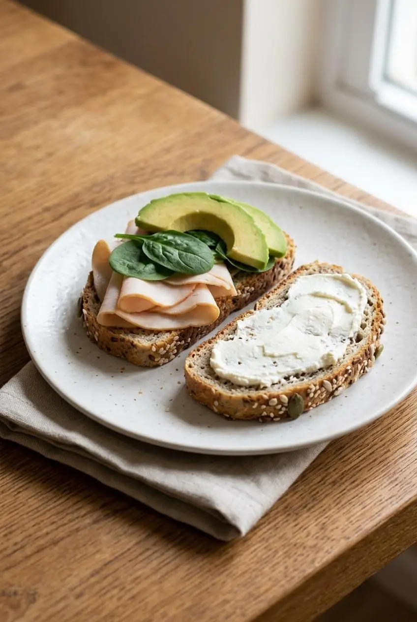 Toasted slices of cottage cheese bread served open-face with turkey, spinach, avocado, and cream cheese toppings.