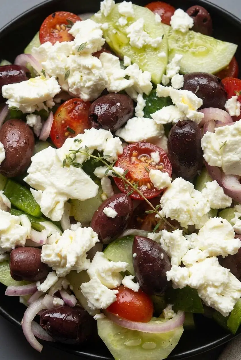 Close up of a thick slab of creamy feta cheese topped with dried oregano over crisp cucumbers and olives.