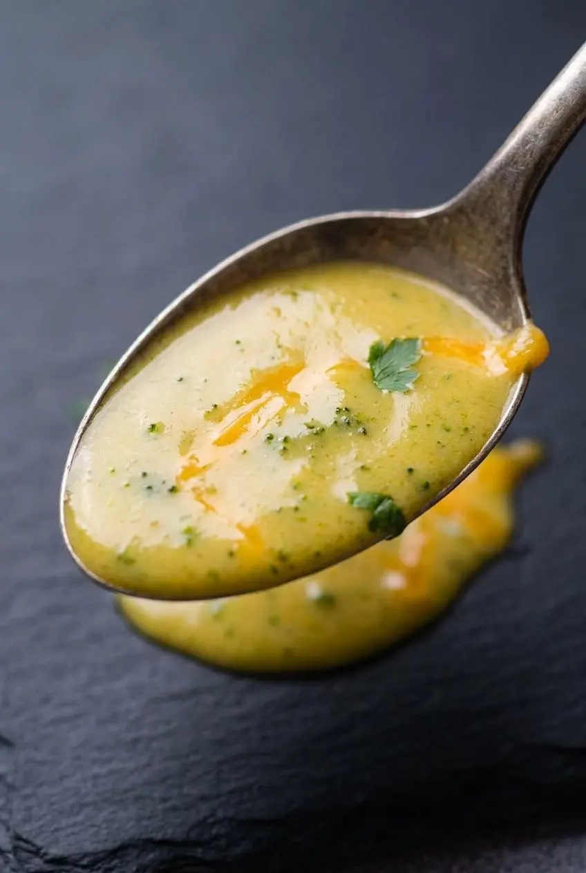 A close-up of a spoon lifting a perfectly smooth and glossy spoonful of broccoli cheddar soup.