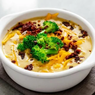 Velvety keto broccoli cheddar soup in a bowl, showing a rich yellow-orange texture with tender green florets.