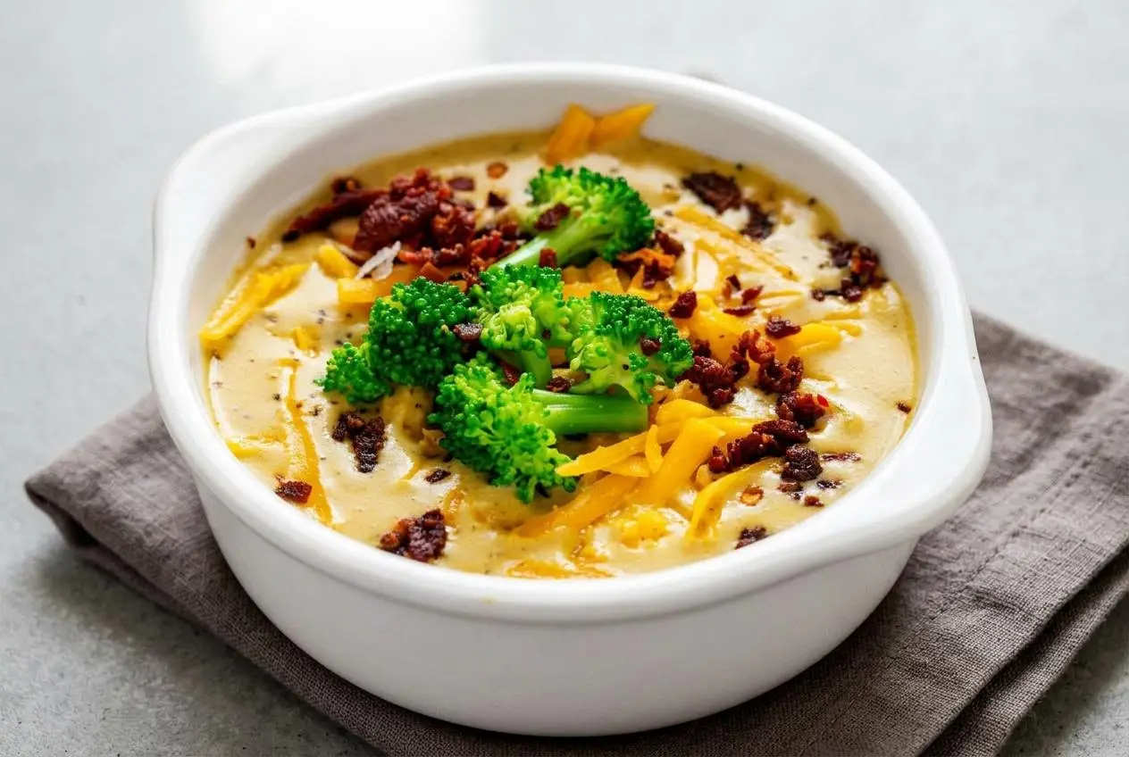 Velvety keto broccoli cheddar soup in a bowl, showing a rich yellow-orange texture with tender green florets.