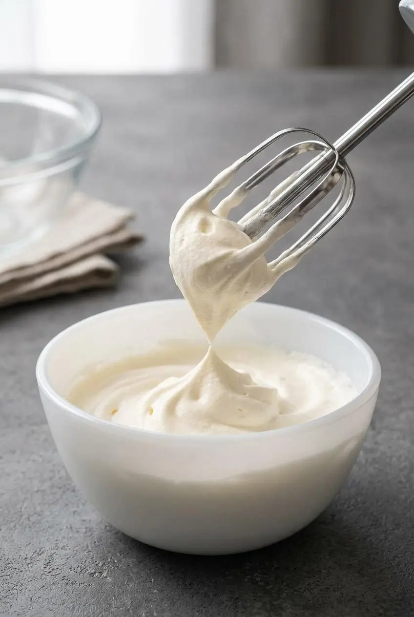 Close-up of a mixer beater lifting a glossy soft peak of sugar-free whipped cream from a bowl.