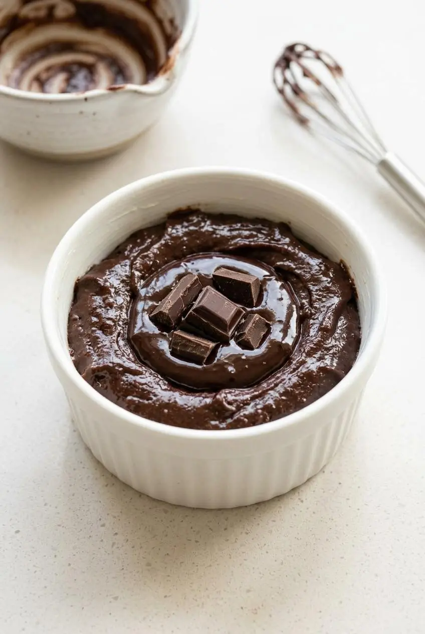 Chopped dark chocolate pieces tucked into smooth cocoa batter inside a greased ceramic ramekin.