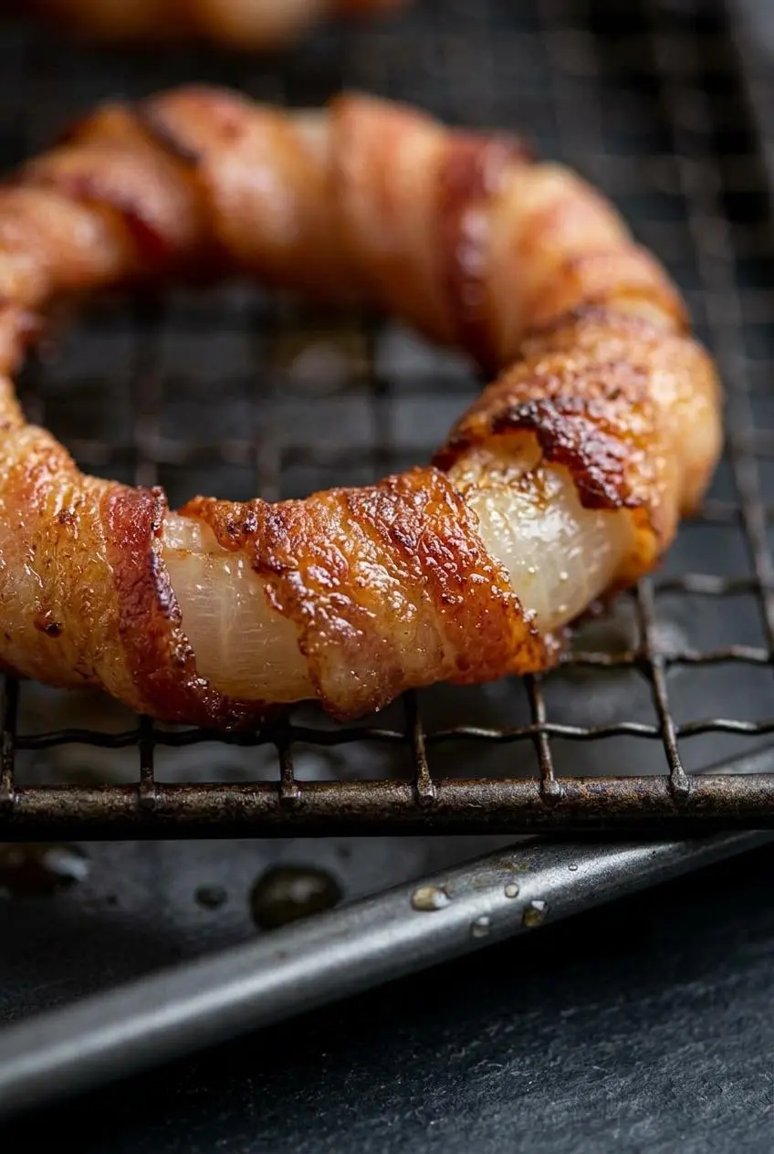 Close-up of crispy bacon wrapped onion ring showing rendered fat and browned edges on a wire rack.