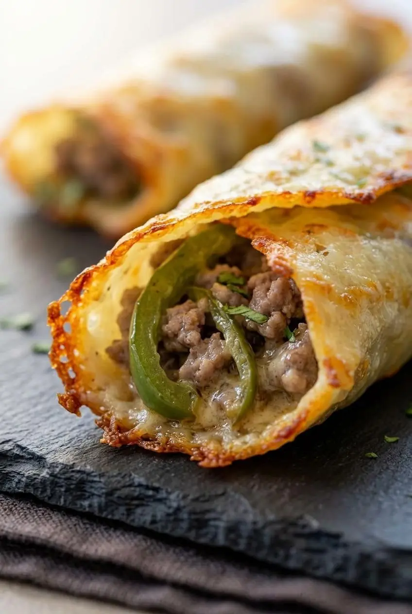 Close-up macro of blistered baked Monterey Jack cheese crust wrapping savory ground beef filling.