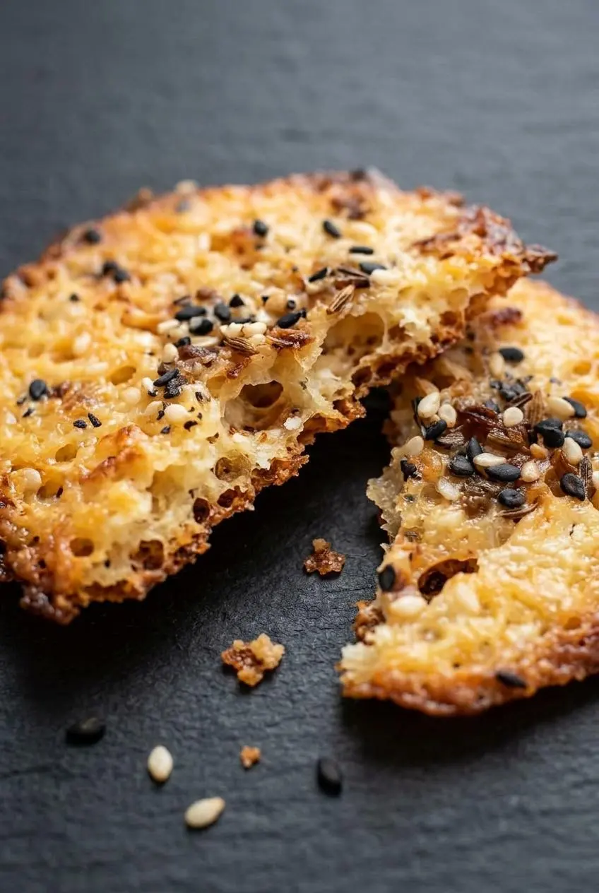 Close-up of a broken cottage cheese chip showing a brittle interior snap and caramelized lacy edges.