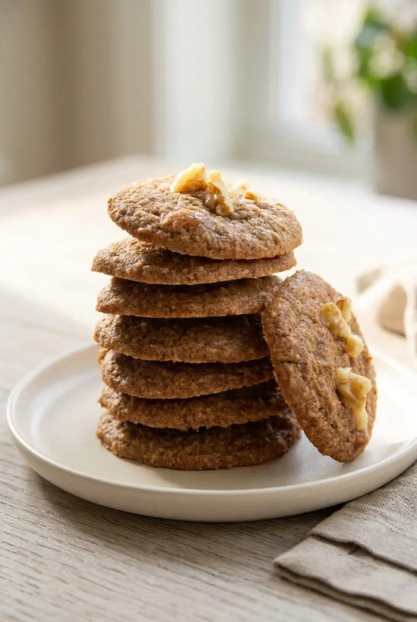 Freshly baked keto banana cookies served on a white ceramic plate with crushed walnuts.