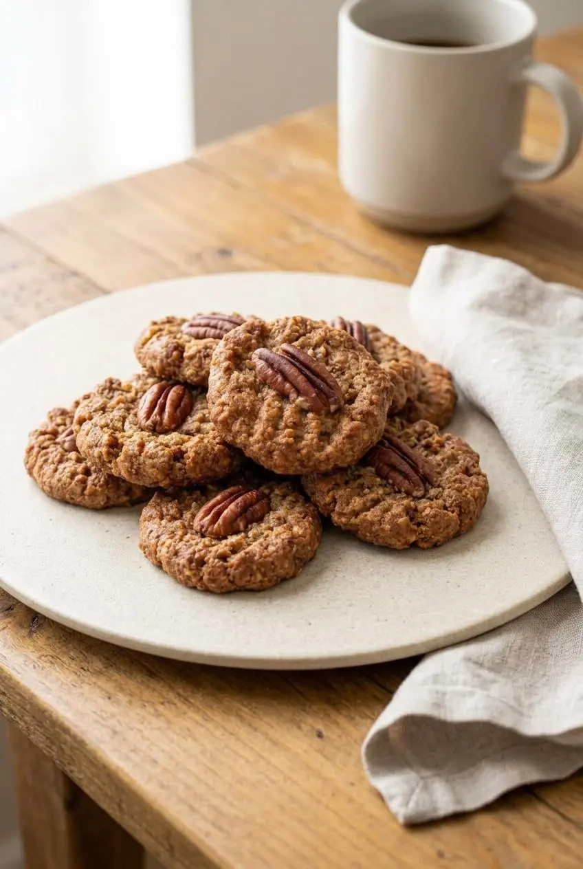 Fresh batch of keto pecan cookies arranged on a white ceramic plate beside a coffee mug.