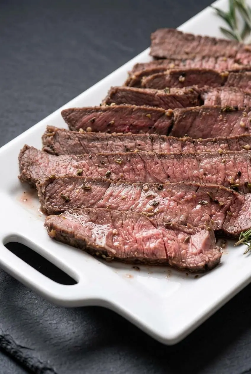 Close-up of juicy pink medium-rare steak slices coated in minced rosemary and black pepper.