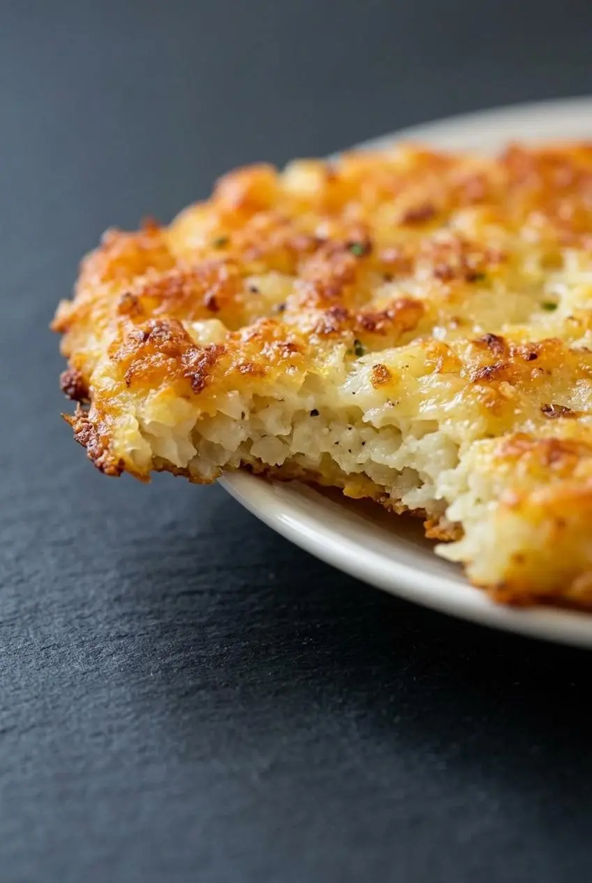 Close-up of a broken cauliflower hash brown showing crisp toasted edges and tender bound interior.