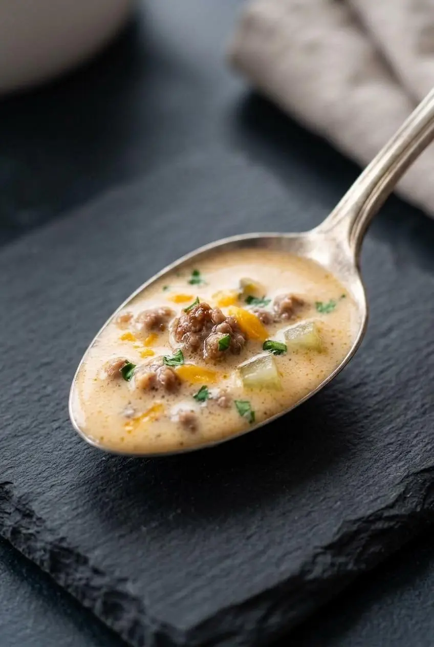 Spoon lifting velvety keto cheeseburger soup showing smooth, lump-free cheddar broth with beef and pickles.